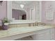 Elegant bathroom showcases a granite countertop, a large mirror and vanity lights, and charming purple walls at 189 Fox Chase Dr, Goose Creek, SC 29445