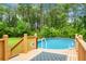 Backyard with an above-ground pool, wooden deck, blue outdoor rug, and lush tree surround at 222 Sinclair Rd, Summerville, SC 29483
