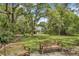 Secluded backyard with mature trees, benches, manicured lawn offering a peaceful retreat at 3627 Holmes Dr, Johns Island, SC 29455