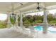 Balcony view with white Adirondack chairs overlooking the pool, creating a serene outdoor lounge area with ceiling fans at 4215 Ten Shillings Way, Ravenel, SC 29470