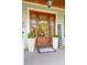 Close-up of a front door with decorative wreath, potted plants, and a welcome mat at 4215 Ten Shillings Way, Ravenel, SC 29470