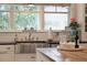 Close-up of a kitchen sink with stainless steel finish, window, countertops, and decor at 4215 Ten Shillings Way, Ravenel, SC 29470