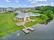 Scenic aerial view of a lakeside pavilion with picnic tables, a dock, and green spaces at 520 Crossland Dr, Moncks Corner, SC 29461