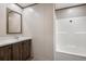 Bathroom features a modern vanity, mirror, sink and shower-tub combo at 108 Swanson Dr, Summerville, SC 29483