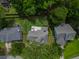 Aerial view showcasing home's backyard, patio with seating, and mature trees in a vibrant neighborhood at 1250 White Tail Path, Charleston, SC 29414