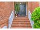 Elegant brick staircase leading to the front door, adorned with potted plants and stylish details at 1868 Palmetto Isle Dr, Mount Pleasant, SC 29466