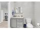 Cozy bathroom with shiplap walls, a gray vanity, and modern fixtures at 348 Spindlewood Way, Charleston, SC 29414
