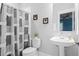 Bright bathroom features a shower with curtain, vanity with sink, and decorative accents at 3739 Goodwater St, Mount Pleasant, SC 29466