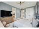 Well-lit bedroom with pale blue walls, ceiling fan, and an attached bathroom and closet at 3871 Sawyers Island Dr, Mount Pleasant, SC 29466