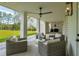 Covered patio with comfortable wicker seating and views of the landscaped backyard and lush greenery at 3871 Sawyers Island Dr, Mount Pleasant, SC 29466