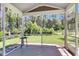 Relaxing screened porch with view of the backyard's green space and natural landscaping at 404 Bowstring Dr, Huger, SC 29450