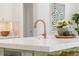 Kitchen detail featuring a marble countertop, brass faucet, and decorative flower arrangement at 7053 Schooner St, Daniel Island, SC 29492