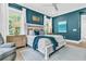 Bedroom featuring teal walls, white trim, a white bed, and a ceiling fan at 7878 Gull Bay Dr, Awendaw, SC 29429
