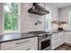 Close-up of a kitchen with stainless steel stove and hood against a white wall at 105 Bobcat Ln, Ravenel, SC 29470