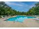 Expansive community pool featuring clear blue water, surrounded by chairs, umbrellas, and bordered by tall trees at 112 Lake Jogassee Dr, Summerville, SC 29485