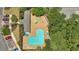 Overhead shot of a community pool with ample seating, perfect for relaxing and enjoying sunny days in a wooded area at 125 Greyson Cir, Goose Creek, SC 29445