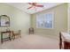 Bedroom with light green walls, neutral carpet, ceiling fan, and window with blinds at 1308 Divot Ct, Mount Pleasant, SC 29466