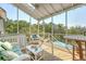 Screened-in porch with wicker furniture, ceiling fan, and view of the pool at 1308 Divot Ct, Mount Pleasant, SC 29466