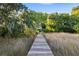 Wooden dock pathway leading to a gated home entrance surrounded by marshland grasses and lush trees at 1635 Bull Creek Ln, Charleston, SC 29414
