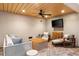 Cozy outdoor living space with comfortable seating, a TV, and a wood ceiling at 1635 Bull Creek Ln, Charleston, SC 29414