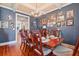 Elegant dining room with coffered ceiling, wooden floors, chandelier, and a long table set for dinner at 216 Foxbank Plantation Blvd, Moncks Corner, SC 29461