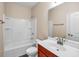 Bathroom featuring vanity with sink, tiled floors, tub/shower combo, and modern fixtures at 224 Sugarhouse Ct, Moncks Corner, SC 29461
