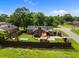Aerial view of home's fenced backyard with patio area, mature trees, shed and garden at 2651 Martha Dr, North Charleston, SC 29405