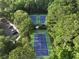 Aerial view of blue and green tennis courts surrounded by lush green trees and a parking lot at 3520 E Higgins Dr, Mount Pleasant, SC 29466