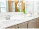 Bright bathroom featuring a double sink vanity with a quartz countertop and decorative orchid at 3707 Gambrill Ln, Mount Pleasant, SC 29466