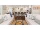 Open-concept living space with hardwood floors, white sofas with blue accents, connecting to the kitchen and dining areas at 4073 Blackmoor St, Mount Pleasant, SC 29466