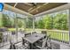 A screened porch with a ceiling fan, outdoor table, and views of the backyard offers a relaxing retreat at 5725 Caviar Ct, Johns Island, SC 29455