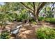 Secluded backyard with gravel, stone pathways, and inviting outdoor seating beneath a mature shade tree at 708 Pitt St, Mount Pleasant, SC 29464