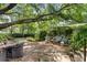 Lush backyard featuring mature trees, outdoor seating, and a stone pathway, perfect for outdoor living at 708 Pitt St, Mount Pleasant, SC 29464