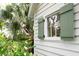 Exterior window with green shutters on a white wood home framed by tropical greenery at 708 Pitt St, Mount Pleasant, SC 29464