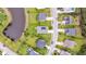 Aerial shot showing rooftops with solar panels, lush lawns, and nearby lake access at 173 Southport Dr, Summerville, SC 29483