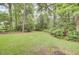 Open grassy back yard is surrounded by dense green trees and bushes at 103 Kenninghall Rd, Goose Creek, SC 29445