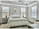 A serene bedroom featuring tray ceilings, neutral tones, and natural lighting at 1489 Red Tide Rd, Mount Pleasant, SC 29466