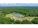 An aerial view shows the community lake with the park and trails around it at 2031 Thornhill Dr, Summerville, SC 29485