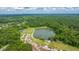 An aerial view shows the community lake with the park and trails around it at 2031 Thornhill Dr, Summerville, SC 29485