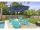 Relaxing pool patio featuring blue Adirondack chairs and matching umbrella on a sunny day at 626 Chigwell Springs Ln, Summerville, SC 29486