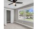Bedroom with neutral walls, ceiling fan, and double windows offering bright, natural light at 6305 Lucille Dr, North Charleston, SC 29406