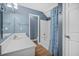 Well-lit bathroom featuring a white vanity, shower-tub combo, and blue-themed decor at 8743 Grassy Oak Trl, North Charleston, SC 29420