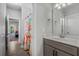 Bathroom with tiled floor and colorful shower curtain at 183 Calm Water Way, Summerville, SC 29486