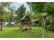 Playground with swings, a slide, and climbing features in a lush green backyard at 19 Avondale Ave, Charleston, SC 29407