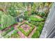 Aerial view of the backyard, showcasing manicured gardens, brick walkways, and privacy features at 62 Eastlake Rd, Mount Pleasant, SC 29464