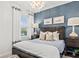 Beautiful bedroom featuring a cozy bed, elegant lighting, and a serene blue accent wall for a relaxing atmosphere at 722 Meadowbrook Ln, Summerville, SC 29486