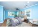 Stylized bedroom with blue walls, ceiling fan, and natural light from large windows at 881 Evans Rd, Charleston, SC 29412