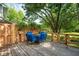 Charming wooden deck with blue cushioned seating and views of lush greenery and serene landscaping at 1166 Julian Clark Rd, Charleston, SC 29412