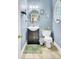 Light blue bathroom featuring an oval mirror, a toilet, and a brown vanity at 172 Cotillion Cresent Cres, Summerville, SC 29483