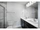 Bathroom with a double sink vanity, white countertops, modern fixtures, and a glass shower at 331 Bremerton Dr, Goose Creek, SC 29445